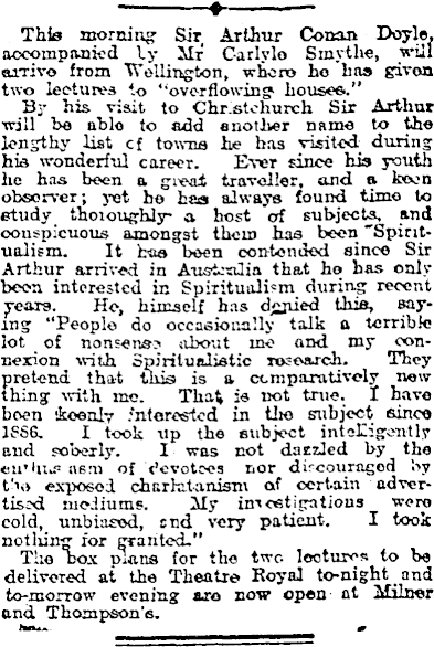 The Conan Doyle Lectures, The Press, 15 December 1920