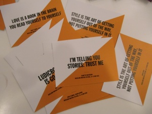 Author quote postcards at Auckland Writers Festival 2016
