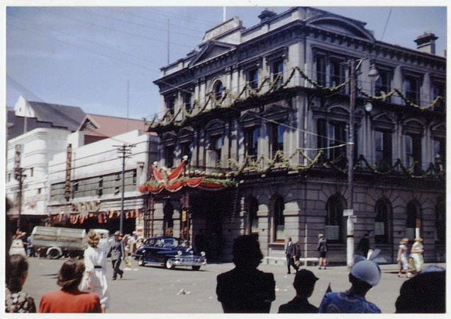 Outside the Clarendon Hotel at the time of the Royal Visit, 1953
